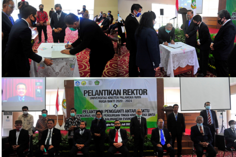 Dr. Benius, MM saat dilantik menjadi Rektor Universitas Kristen Palangka Raya periode 2020-2024 di Aula Christian Center, Palangka Raya, Rabu (29/7). Foto bersama dan tampak juga sejumlah pengurus juga dilantik pada kesempatan itu.